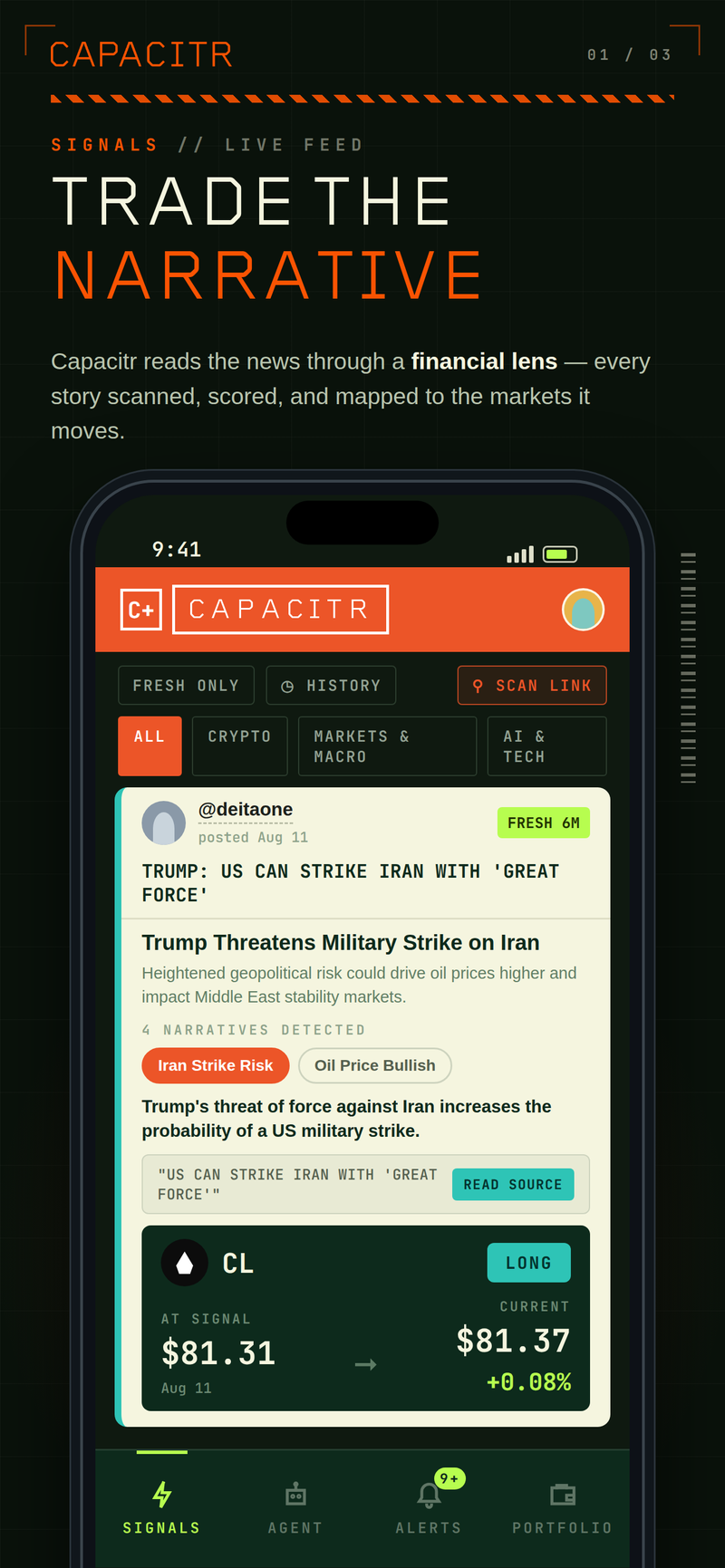 Capacitr Signals — trade the narrative, breaking news decoded into live markets