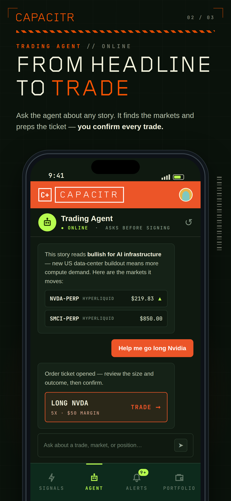 Capacitr Trading Agent — from headline to trade, order ticket prepped for your confirmation