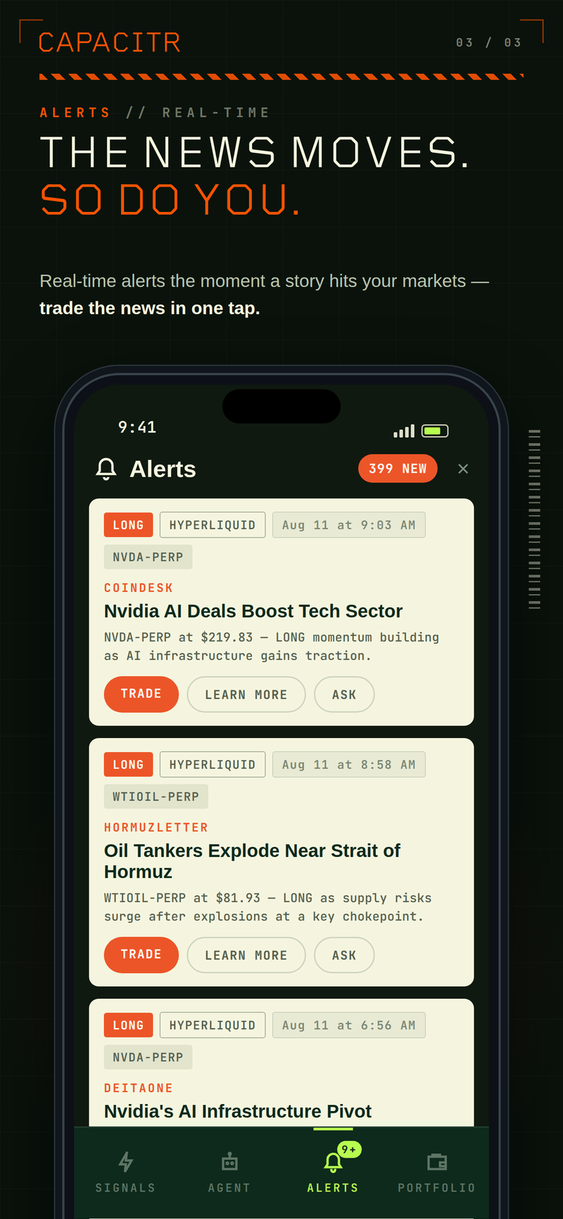 Capacitr Alerts — real-time alerts the moment a story hits your markets